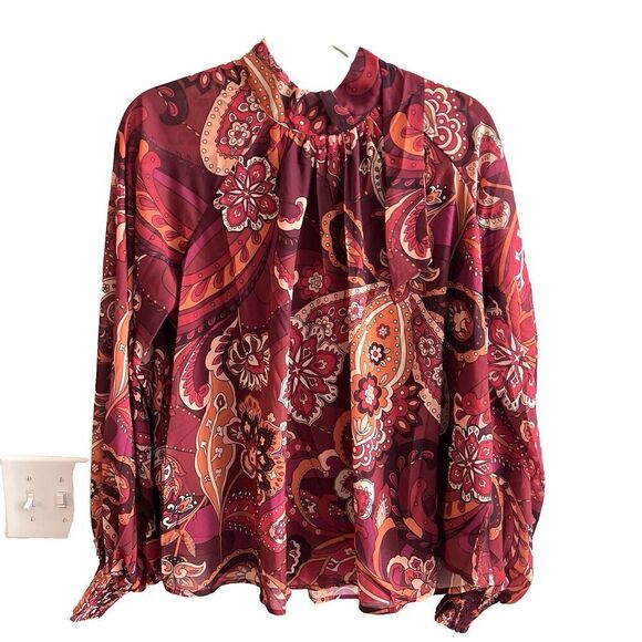 AURA Red Paisley Blouse Tie Neck Flowy Balloon Sleeves Top Large Women’s NWT - Picture 1 of 9